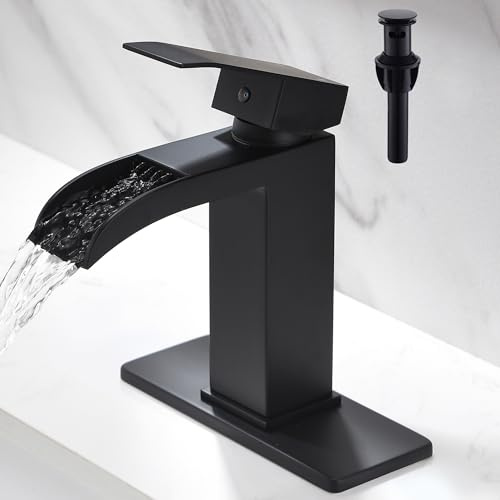 BRAVEBAR Waterfall Bathroom Faucet Black - Single Handle Bathroom Sink Faucets 1 or 3 Hole for 4IN Modern Solid Vanity Faucet with Deck Plate & Overflow Pop Up Drain Matte Black