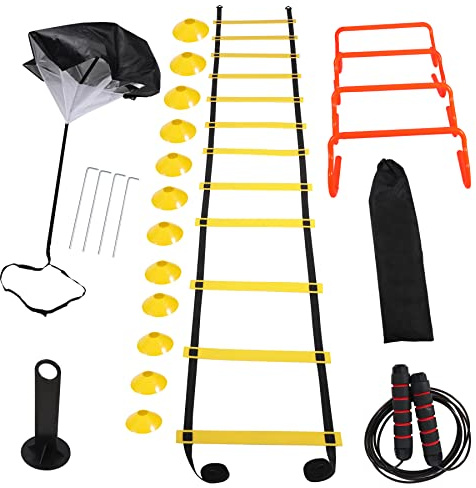 campMax Agility-Leiter, Geschwindigkeitstrainingsgerät – inklusive Agility-Leiter, Springseil, Agility-Hürden, 12 Disc-Kegel, Fußball-Trainingsgerät mit Tasche für Jugendliche und Erwachsene