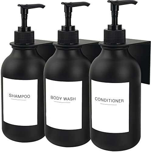 Ezebesta Pack of 3 Black 500ml Soap Lotion Pump Dispensers with 22 Labels and 3 Wall-Mounted Rack Bathroom Organization