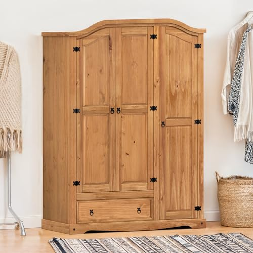 Corona Solid Wood Pine 3 Door 1 Drawer Wardrobe Wooden Large Bedroom Triple Robe Storage Furniture Mexican style 190cm High 150cm wide 51cm Deep