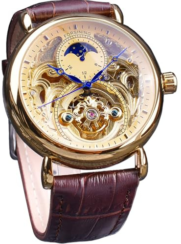 FORSINING Luxury Men's Watch with Moon Phase & Tourbillon, Retro Skeleton Hollow Self-Wind Mechanical Wristwatch, Leather Belt Automatic Movement Men Watches, Gold Gold