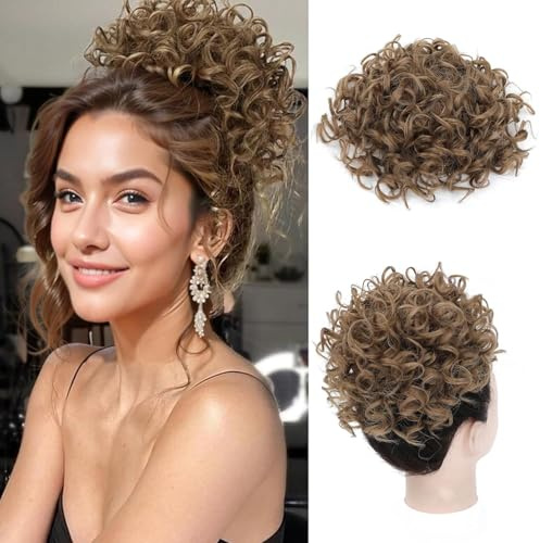 PORSMEER Hair Extensions Haarteil Dutt Haar Bun mit Elastischer Kordelzug Kurz Locken Welle Pferdeschwanz Haarteil wie Echthaar Updo Haarverlängerung zopf für Frauen (Dunkles Goldbraun)