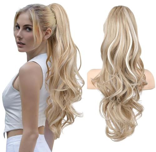YEESHEDO Pferdeschwanz Haarteil braun mit weißblond Lange Wellig Locken Haarteil Zopf mit Kordelzug Ponytail Natürliches Kunsthaar Haarverlängerunge Extensions für Damen Afro Zopf 60cm