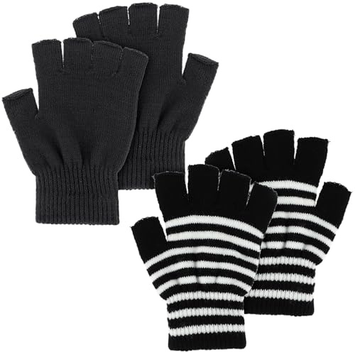 WLLHYF Guanti unisex mezze dita, 2 paia, invernali, elastici, in maglia, mezze dita, guanti touch screen, guanti senza dita, da uomo e da donna, Strisce bianche e nere., 15.5cm long and 11cm wide