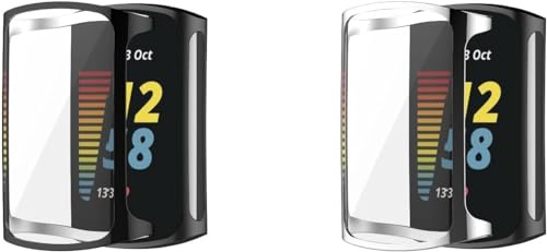 Pack of 2 Case for Fitbit Charge 6, Protective Film, Flexible TPU Screen Protector Case, Scratch-Resistant Cover, Protective Case Compatible with Fitbit Charge 6/Charge 5 (Black/Silver)