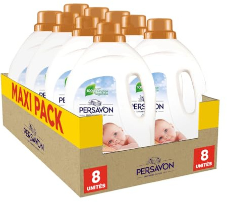 Persavon - Lessive Bébé, à l'Extrait d'Abricot BIO, Hypoallergénique, Peaux Sensibles, Sans Colorant, 30 Lavages - 8x 1500 ml