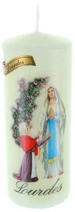 Candela religiosa cilindrica Aspetto di Lourdes e rose 15 cm - Candela devozionale - Culto cristiano in cera vegetale