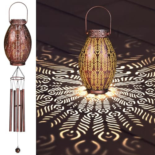Carillon éolien solaire pour extérieur - 94 cm - Motif paon - Lanterne solaire à suspendre - Décoration de jardin pour terrasse, cour, carillon à vent de Noël - Cadeau d'extérieur pour maman, femme,