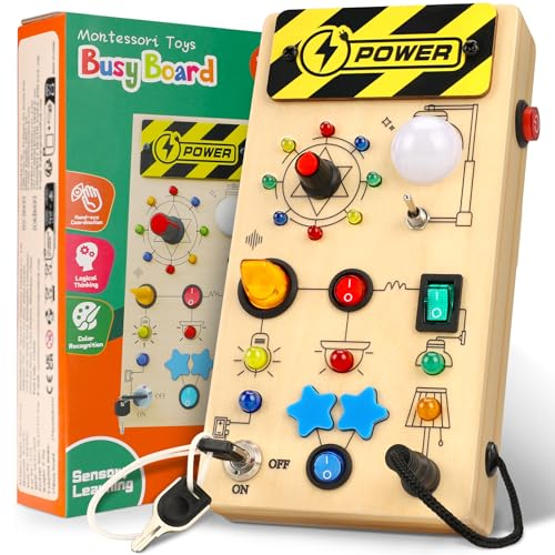 Ophy Montessori Spielzeug - Busy Board ab 1 2 3 Jahr Holzspielzeug mit 9 Schalter 16 LED-Leuchten Motorikspielzeug Activity Board Lernspielzeug Reisespiele Spielzeug für Babys ab 1 2 3 4 Jahre