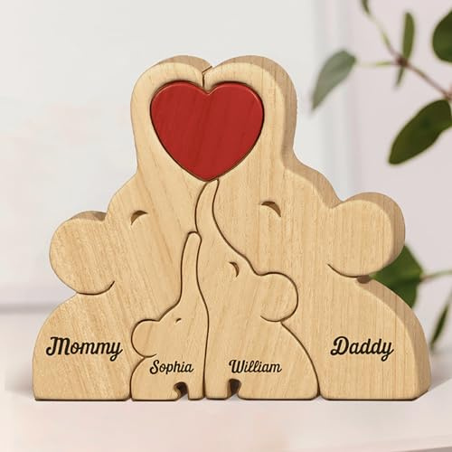 Drawelry Personalisiert Elefanten Statue Holzpuzzle mit 2–8 Namen Gravur Holz Tierskulptur Handwerk Elefant Puzzle Dekoration Geburtstag Weihnachte Geschenke für Familie Freunde Paare Papa Mama (A5)