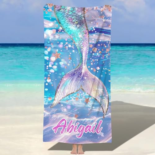 NIBESSER Telo Mare Personalizzato con Nome Asciugamano Mare Adulto Bambini Microfibra Leggero Telo Mare Antisabbia ad Asciugatura Rapida Asciugamano da Spiaggia Morbido, Sirena 1, 76x152 cm