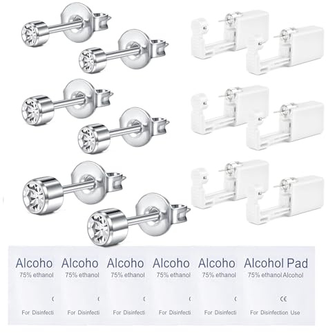 WillTen 6 st öronpiercingkit i silver, guld, engångs öronpiercingkit med öronpiercing, öronpiercingpistol, kit med inbyggda dubbar, piercingkit, piercingpistol, självpiercingpistol