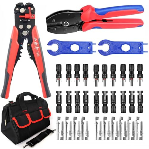 QeeHeng Solar Crimpzange set mit Crimpzange, Abisolierzange Automatisch, 10 Paar Solarstecker, Werkzeugtasche, für PV-Panel-Verbindungen und Solarpanel-Systeme