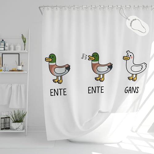 DROPHOP Lustige Enten Motiv Duschvorhang weiß aus Textil 180x200 cm inkl. Edelstahl-Ringe, stabile Ösen, Wasserdicht, gewichteter Saum, Anti-schimmel,