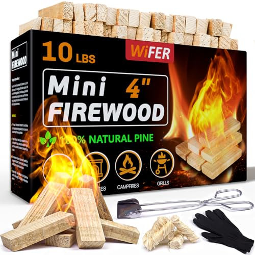 WiFER Mini eldpinne med brandstartare och tång, 4 tum ugnstorkad furu, stor ved, för vedspisar, bordsskiva, eldgrop, BBQ, pizzaugn, tillbehör för solspis, grilltillbehör, 4,5 kg låda