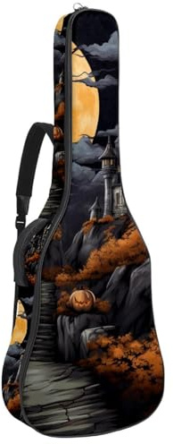 Gitarrentasche für Akustikgitarre mit zwei Taschen, Halloween-Schloss-Muster, 68 wasserabweisend, doppelt verstellbarer Schultergurt, Gitarrentasche, Halloween-Schlossmuster, 42.9x16.9x4.7 in,