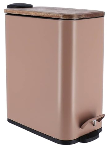 Tendance - Poubelle metal rectangulaire 5l frein de chute couvercle en acacia pedale metal- caramel