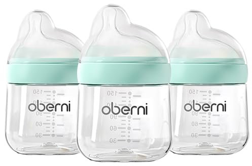 Oberni Baby Bottles with Slow Free Flow Off-Centered Teat for 0+ Months, Anti Colic Newborn Milk Feeding Bottle, 150ml/5oz/Blue/3Pack
