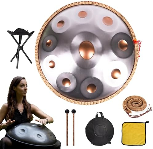 SQSXCKIQ Handpan-Trommel 432 Hz/440 Hz, 10 Noten, 22 Zoll, Schlaginstrument mit Trommelstativ, Schlägeln, Handpan-Tasche, Stahl-Handpan-Instrument für Meditations-Yoga-Sound (Metallic, 432)