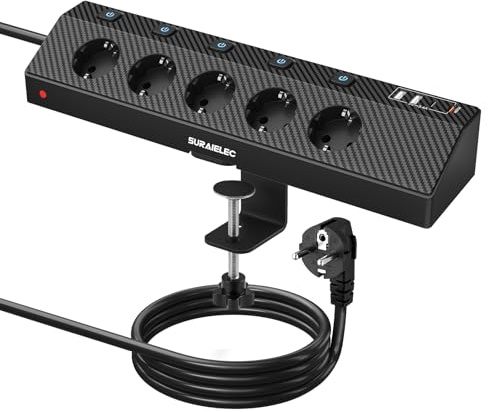 SURAIELEC Tischsteckdose USB C PD 20W, 5-Fach Steckdosenleiste mit Schalter | Schreibtisch Mehrfachsteckdose mit Einzelschalter, klemmbar, 2M Kabel, Überspannungsschutz, für Büro und Zuhause