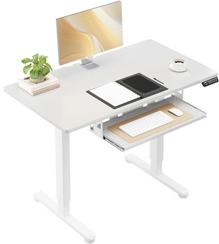 OffiGo Schreibtisch Höhenverstellbar Elektrisch, 90x50cm Höhenverstellbarer Schreibtisch mit Tastaturablage, Standing Desk mit 3 Memory Funktion, Computertisch für Arbeit Lernen, Weiß
