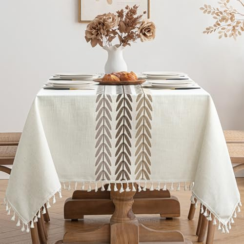 MIULEE Nappe Imperméable Rectangulaire 140x180cm Feuilles Beiges Table Cloth Tassel Nappe Elegante Tablecloth Rectangle pour Table de Cuisine Decoration