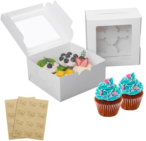 LONGTEAM 24-Set White Cupcake Boxes 4 Holes, Rectangle Cup Cake Boxes with Clear Window, Suitable for Home Baking, Party, Wedding, Christmas, Cake Shop, Picnic (White-24 Pack, 4 Holes)