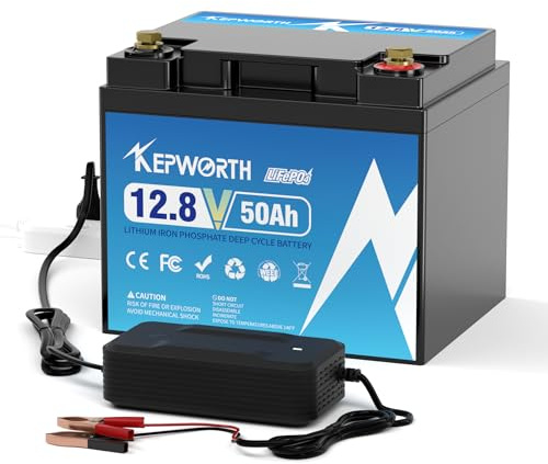 KEPWORTH Batería Litio 12V 50Ah, Batería LiFePO4 12V para Kayak con BMS 50A, Baterías de ciclo profundo, para Solar, Camping, Barcos, Caravanas