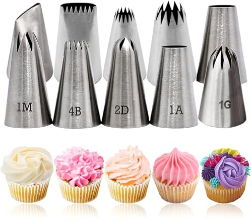 Xanewza 10er Set Profi Spritztüllen Große (1M, 2D, 4B, 1A, 124, 3K, 8A, 5FT, 111 und 1G) Edelstahl Tüllen Set zum Dekorieren von Torten (Spritztüllen Set 10 Stück)