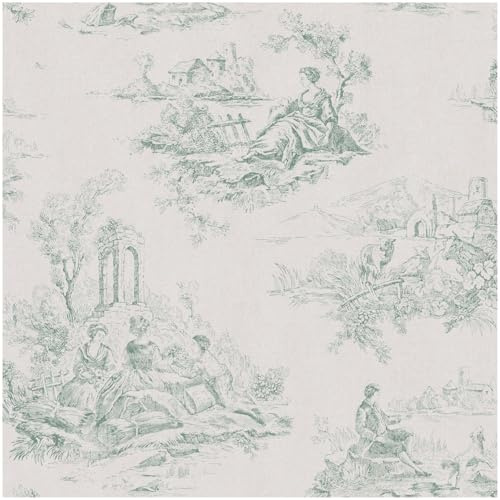 Sample Piece Green Toile De Jouy Wallpaper - Vintage Classic Traditional Pattern - Country Scene - 10.05m x 53cm Roll - Versatile Contemporary Sophisticated - Bedroom Bathroom Living Room Kitchen