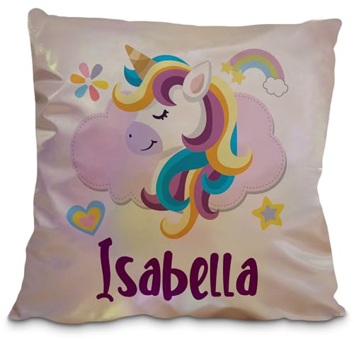 LolaPix Cojin Personalizado Mágico 40x40cm. Cojin Guarderia. Cojines Infantiles Personalizados. Cojín Infantil con Nombre 3 Colores Disponibles. Cojines Fantasía 40x40cm. Unicornio Feliz