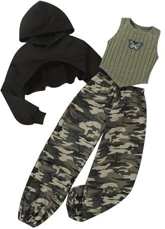 TiaoBug Mädchen 3er Set Sport Kleidung aus Langarm Cropped Kapuzenpullover + Ärmelloses Gestricktes Tank Top + Camouflage Sporthose Hip Hop Street Dance Outfits Schwarz Armeegrün 122-128