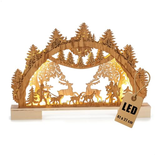 com-four® LED Schwibbogen aus Holz - 41 x 27 cm - dekorativer Lichterbogen mit Wald-Motiv - Weihnachtsdeko für Fensterbank & Tisch (1 Stück - Jagdrevier 02)