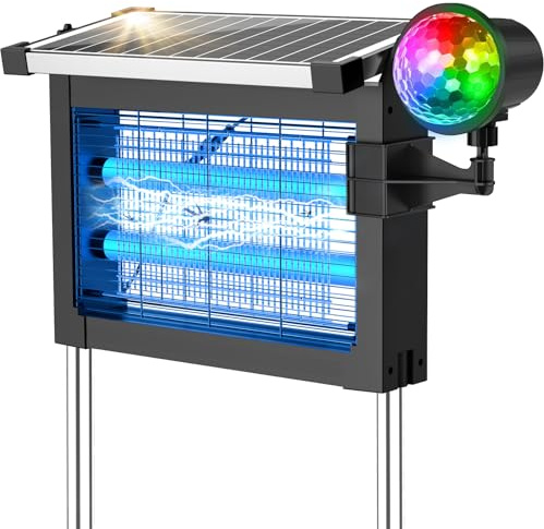 Zapper solaire 2 en 1 Projecteur d'extérieur étanche avec 14 lumières différentes, 4500 V rechargeable avec capteur de panneau solaire, piège à mouches électrique pour patio cour