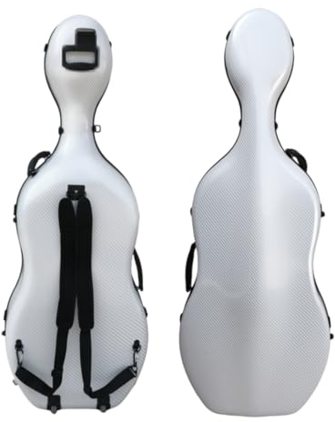 WUQIMUSC Cello Hartschalenkoffer aus Kohlefaser für 4/4-Größe mit robusten Rädern und Rucksackgurten, Federungsdesign, eingebetteter Griff, wasserdichte Hartschale, 4 kg Gewicht, Weiß
