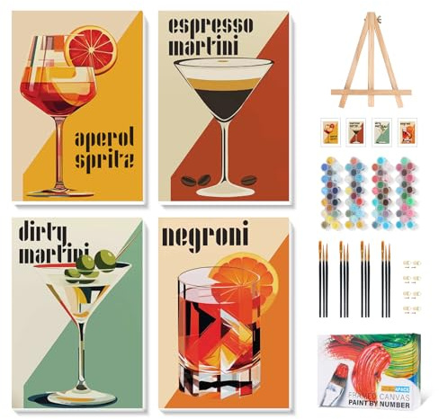 4 Pack Paint by Numbers for Adults with Frame, Retro Cocktail, 8 x 12 Inch | Wooden Easel, Framed Canvas, DIY Acrylic Painting Craft Kit, Beginner Friendly, Home Decor, Gift for Women & Men