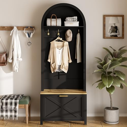 Merax Set di appendiabiti per corridoio, guardaroba compatto, multifunzionale, con scarpiera, ripiano e gancio, per ingresso, nero, 75 x 35 x 195 cm