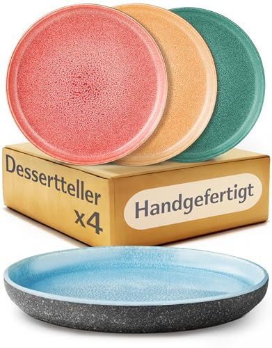 Cosumy Set de 4 Platos de Postre en Gres Ø20 cm – Platos Artesanales con Esmalte Reactivo – Juego de Colores Vibrantes, Apto para Microondas y Lavavajillas – Set de 4 Platos de Postre