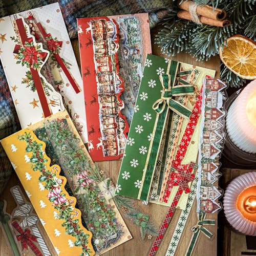 Christmas PET Langer Streifen Aufkleber Weihnachten Winter Feiertage Bullet Journal Sticker Aesthetic Xmas Landschaft Rand Hintergrund Collage Dekorative Scrapbook Stickers Weihnachtsdeko Zubehör
