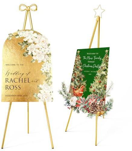 Interchangeable Bow & Star Top Gold Easel Stand for Sign, 62–47 Height Adjustable Heavy Duty Wedding Easel Stand with 3 Display Modes — Perfect for Welcome Signs, Christmas Decor, Parties & Events
