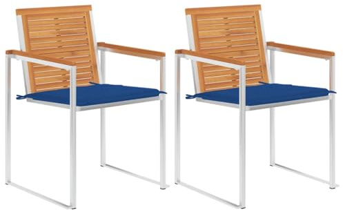 Owoxanthellate Gartenstühle 2er Set Akazienholz Edelstahl 60x56x85 cm mit Königsblauen Kissen Modernes Design Robust & Bequem für Garten Terrasse Balkon