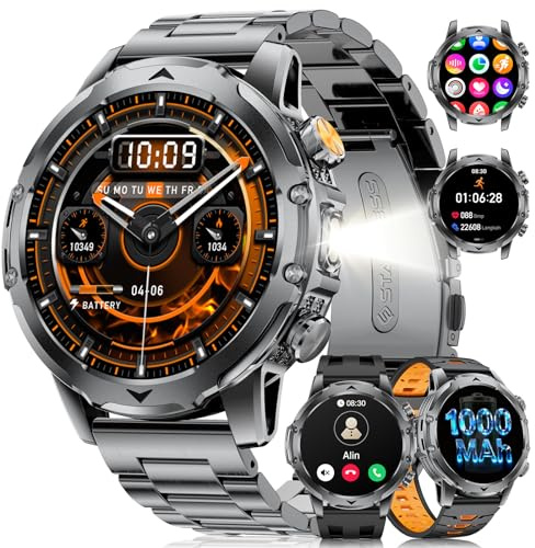 2026 Montre Connectée Homme avec 1,53'' HD Écran/LED Lampe/1000mah Batterie,IP68 Étanche Fitness Tracker avec 120+ Modes Sportifs,Moniteur de Fréquence Cardiaque/Sommeil,pour Android iOS,3 Bracelets