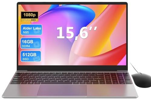 Portátil 15,6 pulgadas, Quad-Core N95 (hasta 3,4 GHz), 16GB RAM, 512GB SSD, 1080 FHD, Teclado Retroiluminado con Bloque Numérico, WiFi 2,4G/5G, BT, Portátil Win 11 para Trabajo, Estudio y Teletrabajo