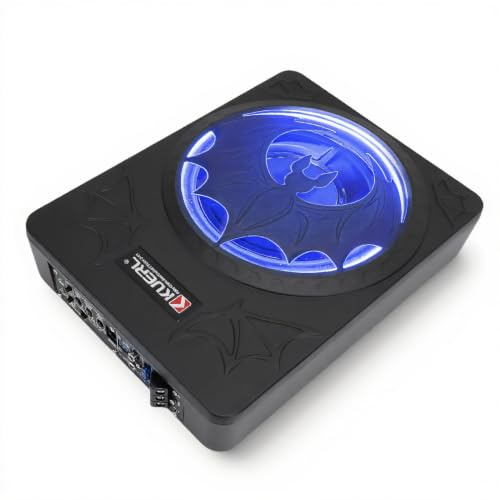 Luocute 10in 1200W Slim Under Seat Subwoofer, Built in Amplifier Cast Aluminum Shell with LED Lights, Adjustable Bass Boost Low Pass Filter, for Car Truck SUV (Blue)