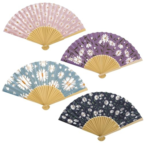 MIJOMA 4er Set Handfächer aus Holz – Fächer für Sommer, Hochzeit, Strand, Pride & Feste – edles Fächer-Set zur Abkühlung – Faltfächer mit Stoffbespannung (Gänseblümchen)