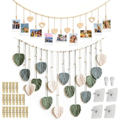 Makramee Wandbehang Boho Deko, Foto wanddeko kinderzimmer hängend natur | mit Holzperlen und Grün, teenager zimmer deko mädchen, balkon wand ohne bohren für Schlafzimmer Wohnzimmer Kinderzimmer