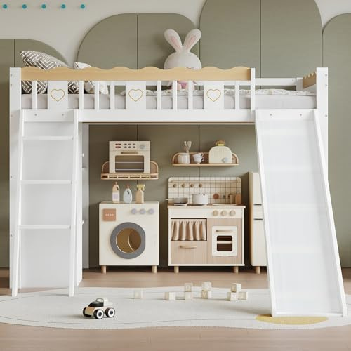 Azkoeesy Letto a Soppalco per Cameretta con Scivolo e Armadio 90x200 cm | per Bambini e Adolescenti, Librarie Integrate, Scaletta inclinata, Parapetto di Sicurezza Ondulato, Pino Massiccio, Bianco