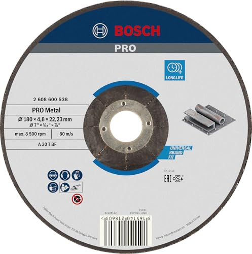 Bosch PRO Metal Gebundene Schleifscheibe, 180 x 4,8 x 22,23 mm | für Stahl, Ø 180 mm, Professional Zubehör Großer Winkelschleifer