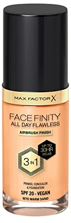 Max Factor Facefinity All Day Flawless Foundation in Warm Sand 70 – Primer, Concealer & Foundation in einem Produkt– Für ein ideal mattiertes Finish – 1 x 30 ml