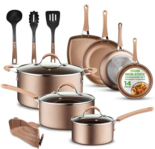 NutriChef Juego de ollas 14 Piezas, Set de sartenes, Carote, Tapas, Utensilios, Antiadherentes, Libres de PFOA/PFOS, Bateria de Cocina, Color Dorado